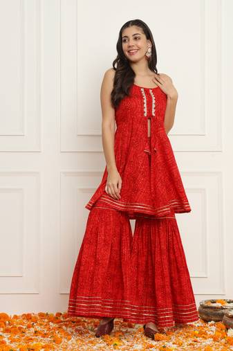 Red bandhani peplum top with sharara pants set