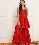 Red bandhani peplum top with sharara pants set