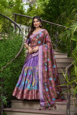 Lavender and Pink Silk Zari Woven and Multicolor Kalamkari Printed Lehenga Choli 7