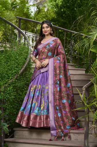 Lavender and Pink Silk Zari Woven and Multicolor Kalamkari Printed Lehenga Choli