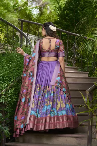 Lavender and Pink Silk Zari Woven and Multicolor Kalamkari Printed Lehenga Choli
