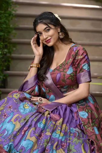 Lavender and Pink Silk Zari Woven and Multicolor Kalamkari Printed Lehenga Choli