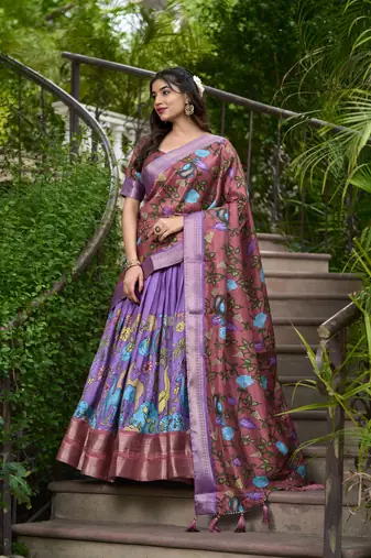 Lavender and Pink Silk Zari Woven and Multicolor Kalamkari Printed Lehenga Choli