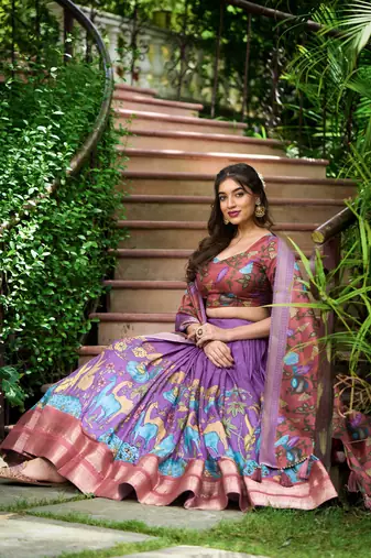 Lavender and Pink Silk Zari Woven and Multicolor Kalamkari Printed Lehenga Choli