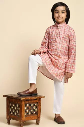Pink embellished cotton kurta pajama set for boys party,wedding outfits traditional wear