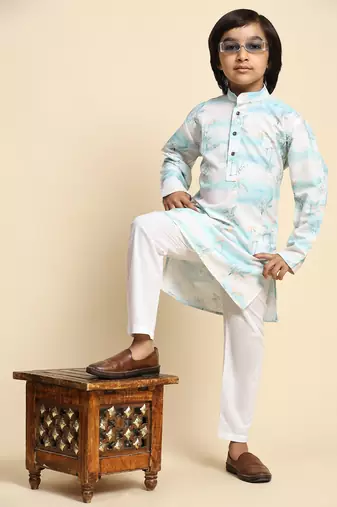 Blue embellished cotton kurta pajama set for boys party,wedding outfits traditional wear