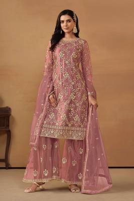 Mauve Embroidered Net Semi Stitched Straight Sharara Suit Up To 42" Size 1