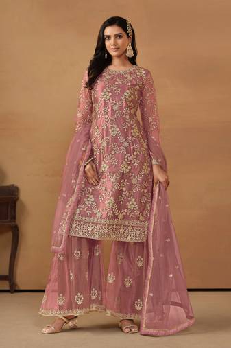 Mauve Embroidered Net Semi Stitched Straight Sharara Suit Up To 42" Size