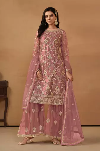 Mauve Embroidered Net Semi Stitched Straight Sharara Suit Up To 42" Size