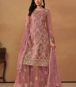 Mauve Embroidered Net Semi Stitched Straight Sharara Suit Up To 42" Size