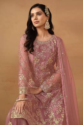 Mauve Embroidered Net Semi Stitched Straight Sharara Suit Up To 42" Size 2