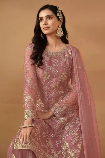 Mauve Embroidered Net Semi Stitched Straight Sharara Suit Up To 42" Size