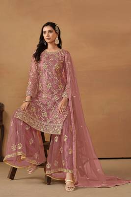 Mauve Embroidered Net Semi Stitched Straight Sharara Suit Up To 42" Size 3