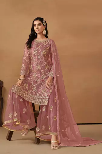 Mauve Embroidered Net Semi Stitched Straight Sharara Suit Up To 42" Size