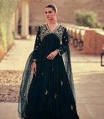 Black Embroidered Chinnon Silk Free Size Stitched Gown. (Size Upto 42) Free size full stitched Up To 42" Size