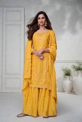 Mustard Embroidered Chinnon Free Size Stitched Straight Sharara. (Size Upto 42) Free size full stitched Up To 42" Size 1