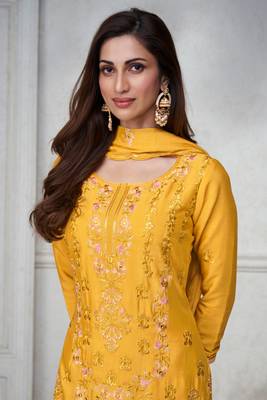 Mustard Embroidered Chinnon Free Size Stitched Straight Sharara. (Size Upto 42) Free size full stitched Up To 42" Size 2