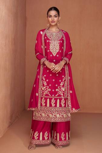 Pink Embroidered Chinnon Free Size Stitched Straight Palazzo Suit. (Size Upto 42) Free size full stitched Up To 42" Size
