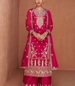 Pink Embroidered Chinnon Free Size Stitched Straight Palazzo Suit. (Size Upto 42) Free size full stitched Up To 42" Size