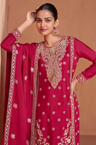 Pink Embroidered Chinnon Free Size Stitched Straight Palazzo Suit. (Size Upto 42) Free size full stitched Up To 42" Size