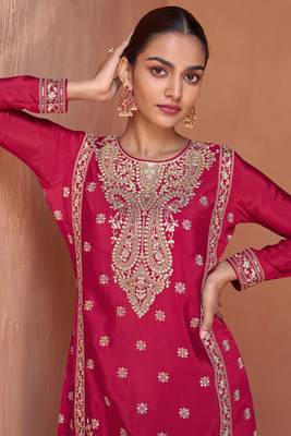 Pink Embroidered Chinnon Free Size Stitched Straight Palazzo Suit. (Size Upto 42) Free size full stitched Up To 42" Size 3