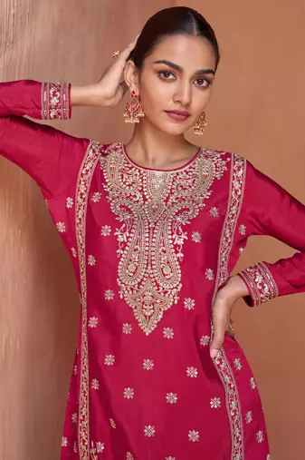 Pink Embroidered Chinnon Free Size Stitched Straight Palazzo Suit. (Size Upto 42) Free size full stitched Up To 42" Size