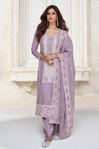 Lavender Embroidered Organza Silk  Straight Palazzo Pant Suit. Free size full stitched Up To 42" Size