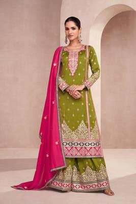 Olive Green Embroidered Silk Free Size Stitched Straight Pant Suit. (Size Upto 42) Free size full stitched Up To 42" Size 1