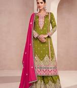 Olive Green Embroidered Silk Free Size Stitched Straight Pant Suit. (Size Upto 42) Free size full stitched Up To 42" Size