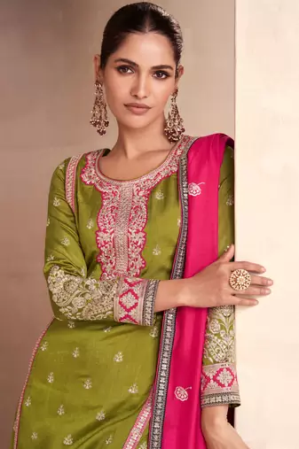 Olive Green Embroidered Silk Free Size Stitched Straight Pant Suit. (Size Upto 42) Free size full stitched Up To 42" Size