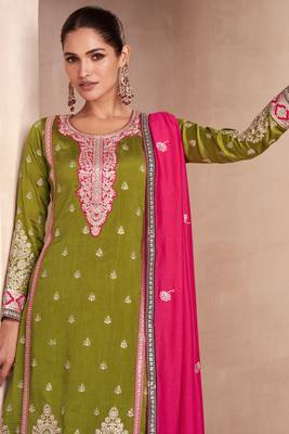 Olive Green Embroidered Silk Free Size Stitched Straight Pant Suit. (Size Upto 42) Free size full stitched Up To 42" Size 3