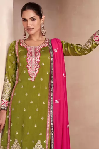 Olive Green Embroidered Silk Free Size Stitched Straight Pant Suit. (Size Upto 42) Free size full stitched Up To 42" Size