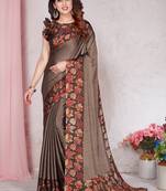 Coffee chiffon floral print saree with unstitched blouse piece