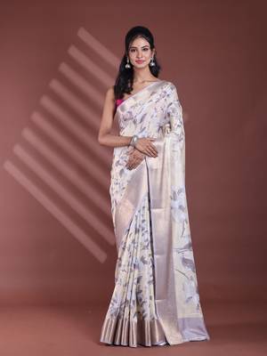 Light yellow floral print silk soft saree with zari border 1