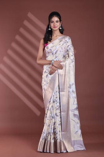 Light yellow floral print silk soft saree with zari border