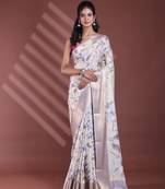 Light yellow floral print silk soft saree with zari border