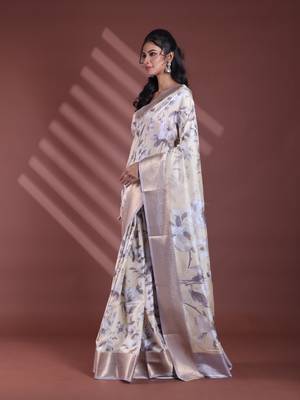 Light yellow floral print silk soft saree with zari border 2