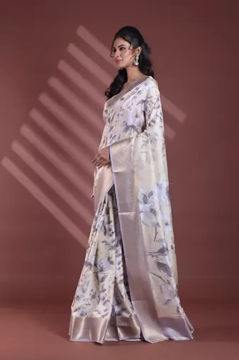 Light yellow floral print silk soft saree with zari border