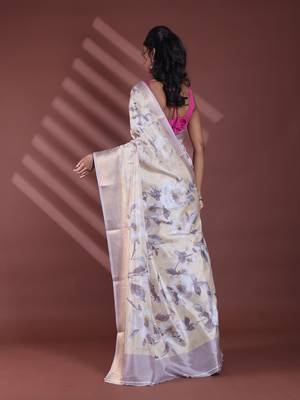 Light yellow floral print silk soft saree with zari border 3