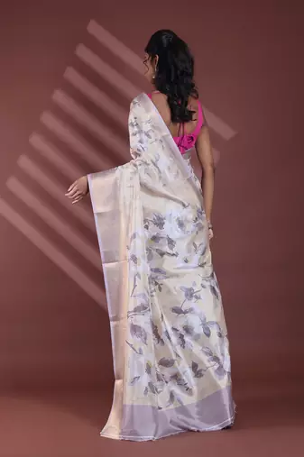 Light yellow floral print silk soft saree with zari border