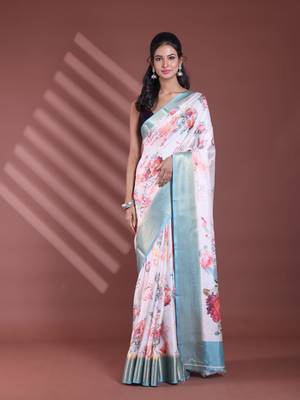 Off white floral print silk soft saree with zari border 1