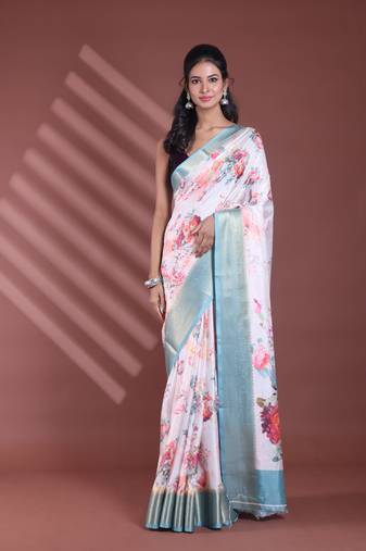 Off white floral print silk soft saree with zari border