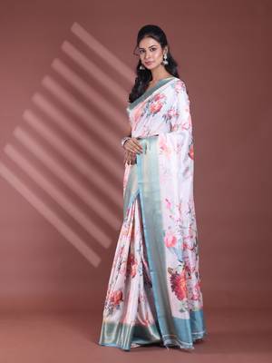 Off white floral print silk soft saree with zari border 2