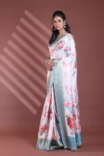 Off white floral print silk soft saree with zari border