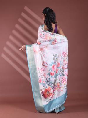 Off white floral print silk soft saree with zari border 3