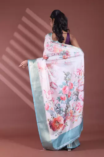 Off white floral print silk soft saree with zari border