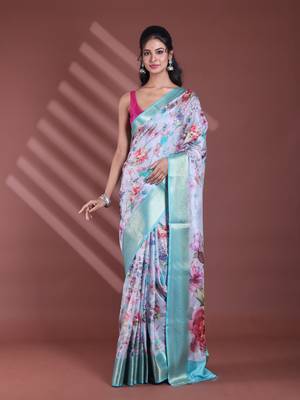 Grey floral print silk soft saree with zari border 1