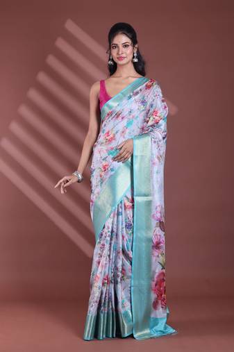 Grey floral print silk soft saree with zari border
