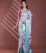 Grey floral print silk soft saree with zari border