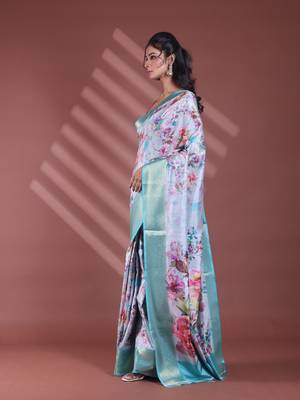 Grey floral print silk soft saree with zari border 2